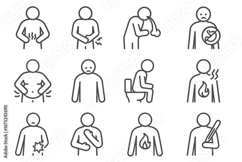 Black and white line drawings depicting digestive issues and symptoms