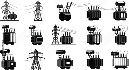 Electric transformer and transmission tower vector set, power distribution, energy infrastructure, high voltage grid, industrial utility illustration.