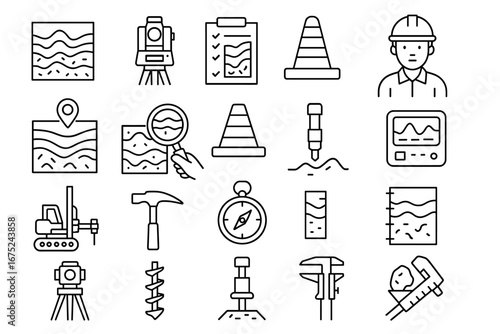 Geotechnical engineering: construction tools and survey equipment icons