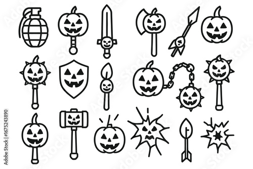 Halloween icons: pumpkins, weapons, and shields in black and white line art
