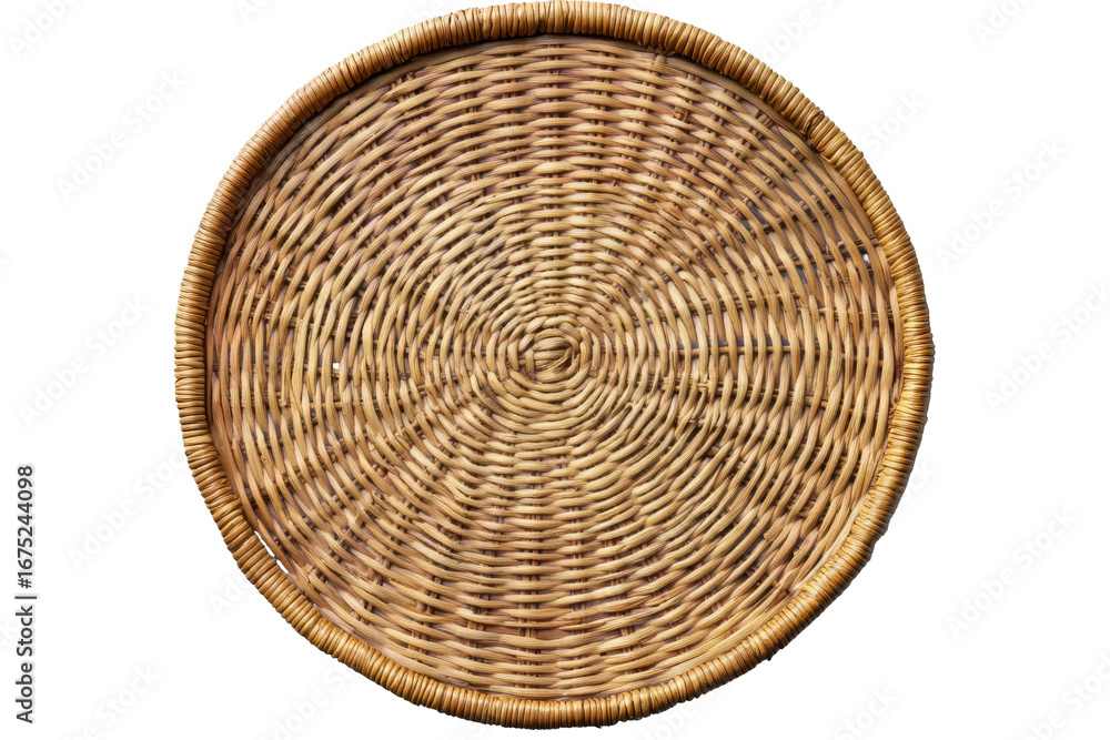Fototapeta premium Circular handmade wicker tray crafted from natural materials, showcasing intricate weaving patterns and warm tones suitable for serving food or decorative use