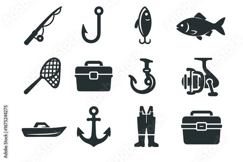 Fishing gear icons: rod, hook, bait, fish, tackle box, anchor, boat, net, reel