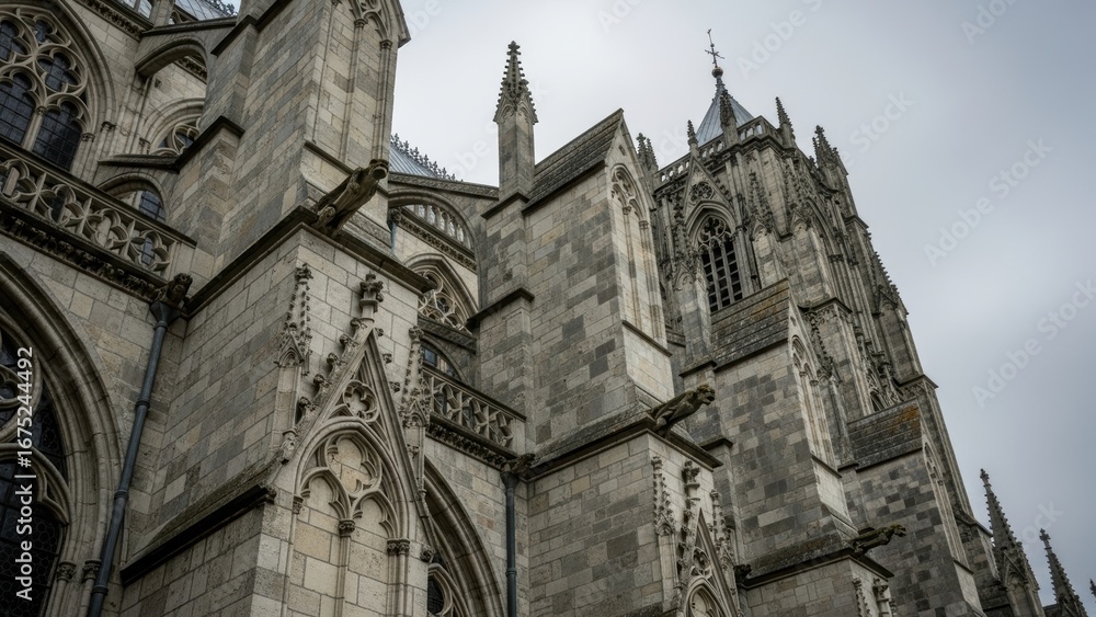 Fototapeta premium The detailed gothic architecture of a stone cathedral with gargoyles, viewed from below.