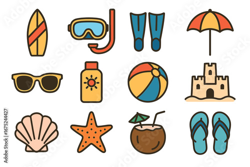 Colorful beach icons: surfboard, umbrella, shell, coconut drink, sandcastle, goggles, flippers