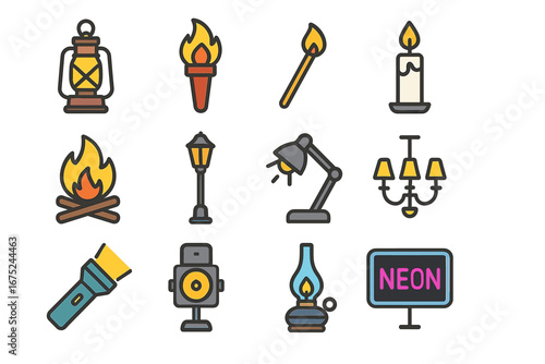 Variety of light sources: lanterns, torches, lamps, and neon sign icons