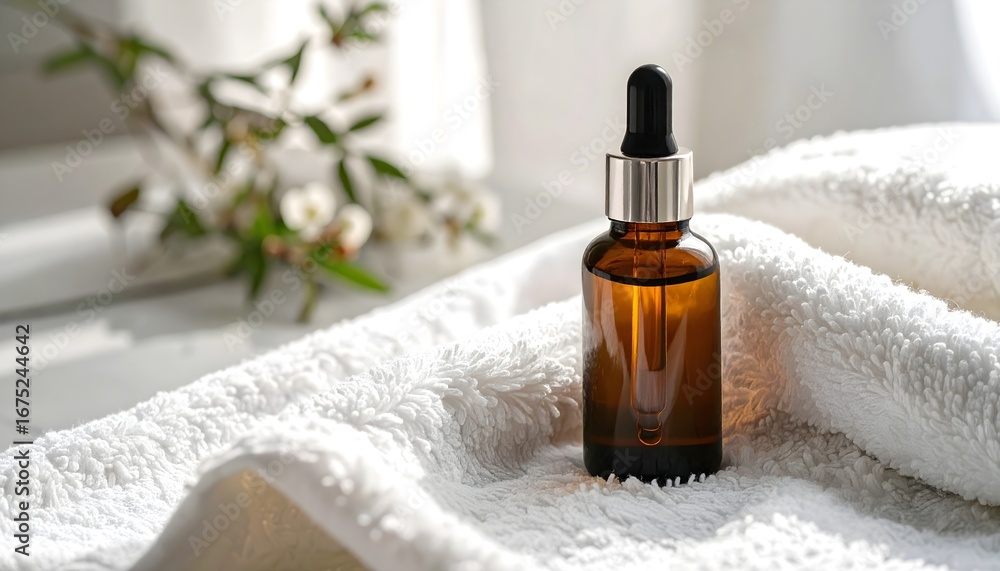 Minimal skincare glass dropper bottle on soft towel Minimal skincare glass dropper bottle on soft towel