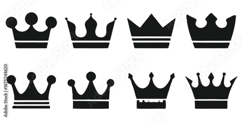 Collection of eight different black silhouette crown icons on a black background