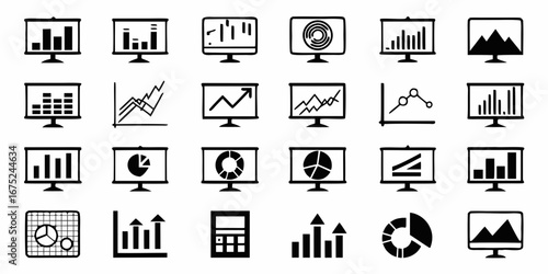 Collection of hand drawn black and white icons representing various types of charts and graphs on computer screens and as standalone graphics