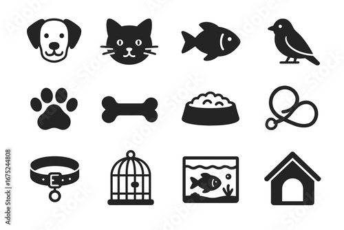 Pet care essentials icons: dog, cat, fish, bird, and accessories