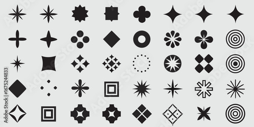 Collection of geometric shapes and abstract symbols in black on a light gray background