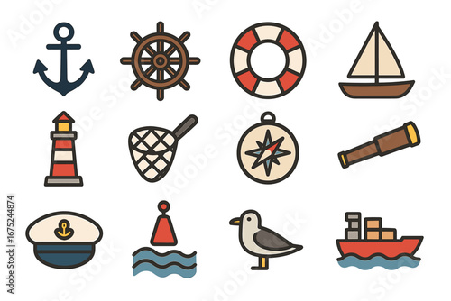 Nautical icons collection: anchors, lighthouses, ships, seagulls, and more