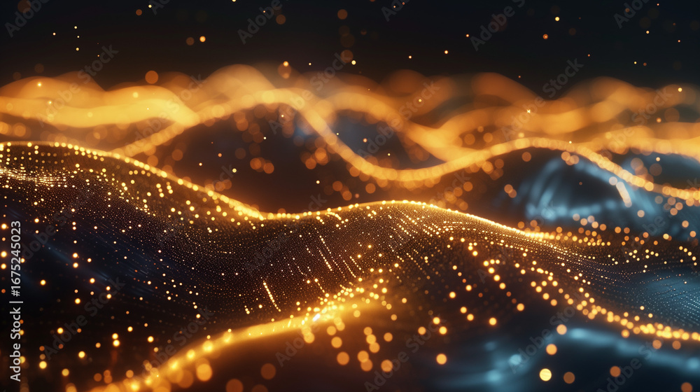 Obraz premium Golden light flows in rhythmic waves, creating a captivating data stream that is both luxurious and mesmerizing. This digital landscape pulses with energy and innovation