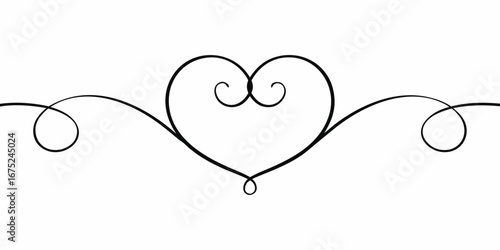 Elegant black heart shape with swirling decorative lines and curls on a white background