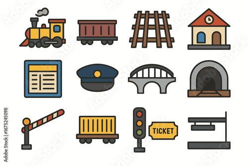Colorful train icons including locomotive, tracks, station, and railway elements
