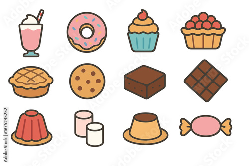 Colorful collection of cartoon desserts and sweets icons