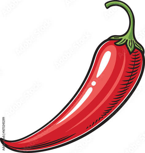 Vector art of a vibrant red chili pepper with a curved shape and a green stem, , showcasing its natural beauty and fiery potential for adding spice to culinary creations