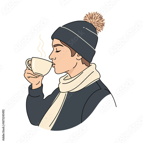 A person in a winter beanie and scarf enjoys a cozy moment, sipping a steaming hot beverage from a mug