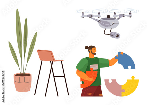 Man assembling colorful puzzle pieces, a modern Quadcopter in flight, and indoor decor items thumbs up a tall potted plant and chair. Ideal for teamwork, creativity, problem-solving, innovation