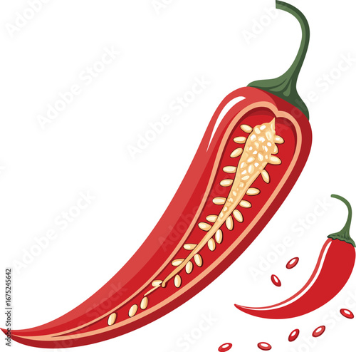 Vector art of a crosssection of a red chili pepper revealing its seeds alongside a whole pepper, , highlighting the internal structure and potential for culinary use