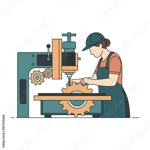 Illustration of a capable woman in manufacturing, skillfully operating an industrial drill press on a gear, breaking gender stereotypes