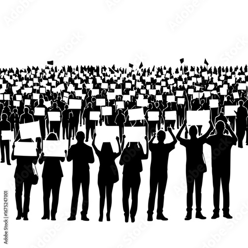 Silhouette vector of a massive crowd of people at a protest or rally holding blank signs, representing a social movement or public demonstration