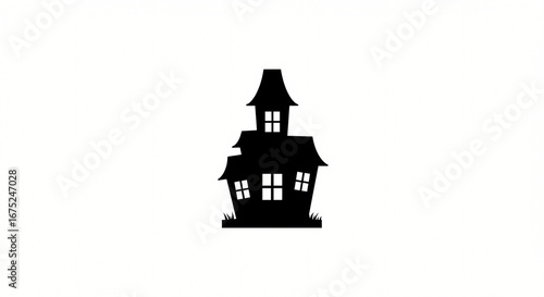 A striking black silhouette icon of a spooky haunted house with crooked windows, isolated on a clean white background, perfect for Halloween