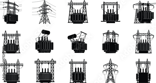 Silhouettes of electrical transformers and power lines, industrial energy infrastructure, high voltage transformer icons, electric power distribution system components.