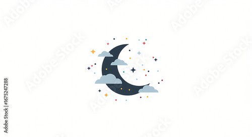 A whimsical flat vector illustration of a crescent moon with clouds and colorful stars, a cute celestial icon representing a dreamy night sky