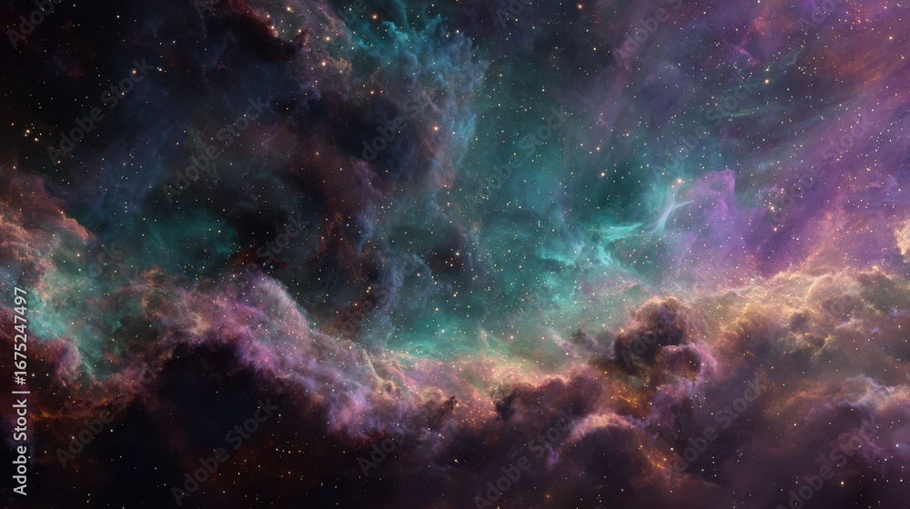 Fototapeta premium Vibrant cosmic nebula with swirling colors of purple green and gold dust illuminated by distant stars