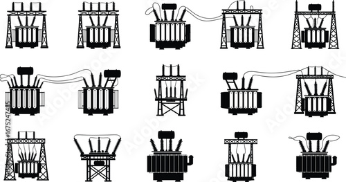 Silhouettes of electrical transformers and power equipment, industrial energy infrastructure, high voltage transformer icons, electric power system components, energy distribution technology.