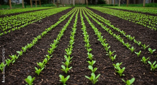 Lush green sprouts emerge in perfectly aligned rows within a cultivated garden bed, symbolizing new growth and agriculture