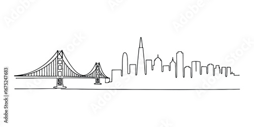 One Line Art San Francisco Skyline with Suspension Bridge – Minimal Line Art City Illustration for Travel and Architecture Themes. Vector Modern Illustration
