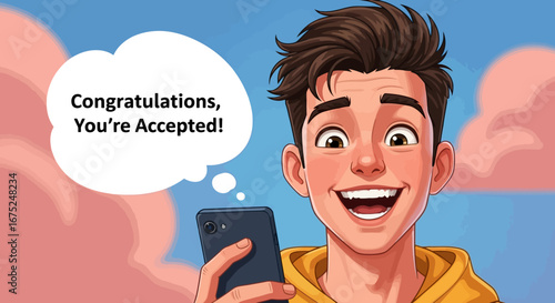 Joyful Young Man Receives Positive News on Smartphone, Celebrating Acceptance and Success with a Wide Smile