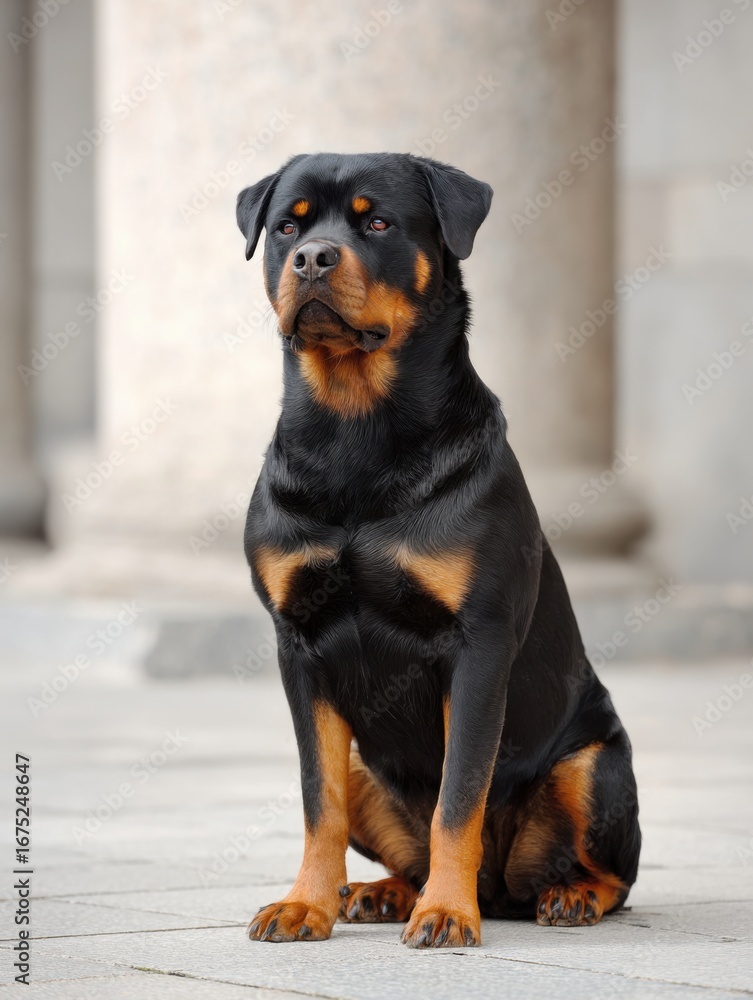 Obraz premium A powerful Rottweiler stands nobly in front of a modern building