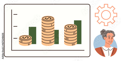 Stacked coins on bar graph indicating financial progress. A gear symbolizes strategy, elderly person adds retirement theme. Ideal for finance, economy, analytics, strategy, planning, savings growth