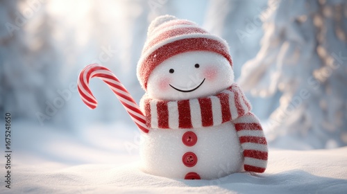 Cheerful Snowman with Candy Cane in Winter Wonderland Setting
