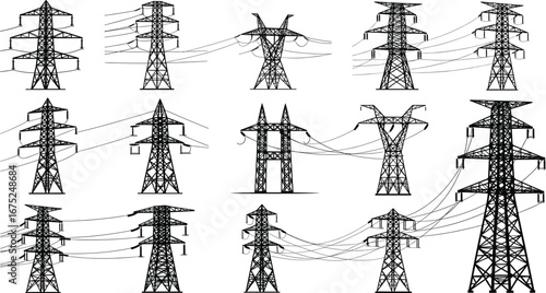 Electricity transmission towers silhouettes, high voltage power lines, electric grid infrastructure, energy distribution network, industrial utility poles, electric power system.