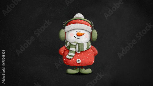 Painted Happy Christmas snowman with snow, hat, scarf, and headphones with over black snow background 