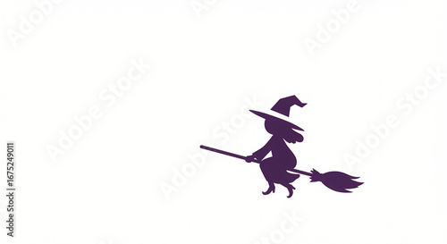 Purple silhouette of a magical witch character with a pointed hat flying on her broom. Spooky Halloween concept icon isolated on white