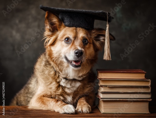 A smart dog celebrates graduation with a cap and a stack of books