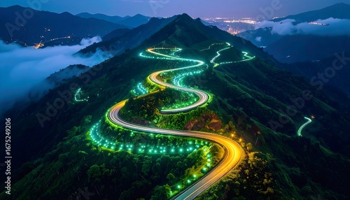 Breathtaking nocturnal landscape of a winding mountain pass illuminated by colorful vibrant lights on a scenic ridge