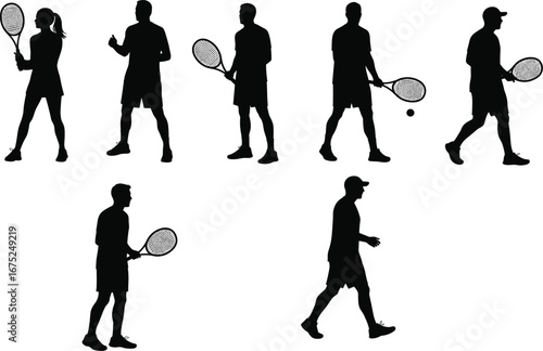 Tennis player silhouettes collection, man and woman with racquet, dynamic sports action, black and white flat vector illustration.