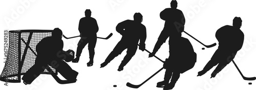 Hockey game silhouette set, dynamic sports scene with players and goalie, teamwork and competition, black and white flat vector illustration.
