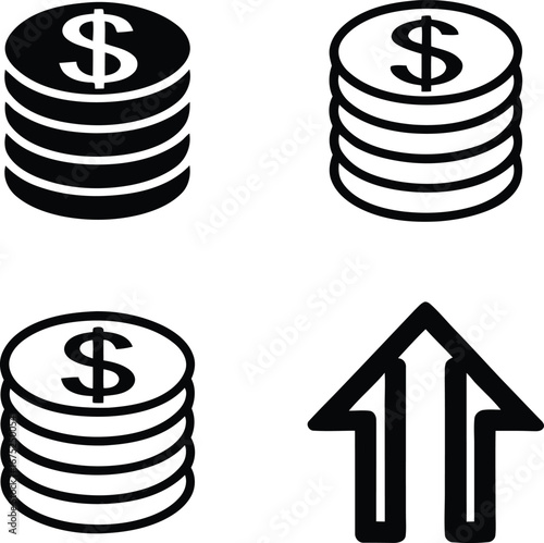 Financial growth icon set stacked dollar coins and upward arrow symbolizing wealth accumulation
