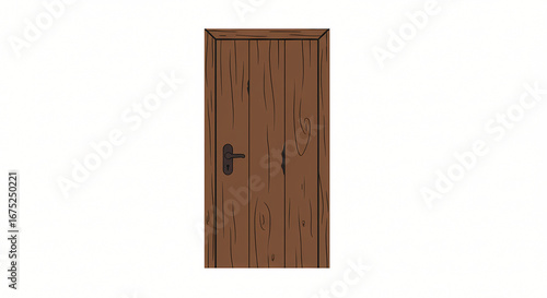 Vintage brown wooden door with a dark handle, presented as a flat vector illustration on a white background. Symbolizing an entrance, an exit, or a new opportunity
