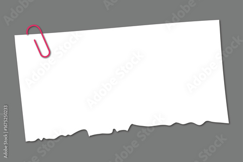 torn paper and with pink paperclip for notebook, digital pad, back to school decoration element taking note with realistic shadow
