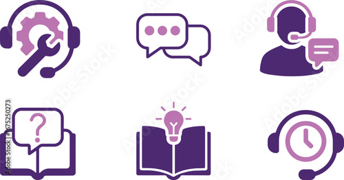 A professional vector icon set for help and support. Features icons for customer service, assistance, FAQs, and help desks, with a clean and modern design.