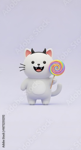 3D Devil Cat with Lollipop Cute Halloween Cartoon.
