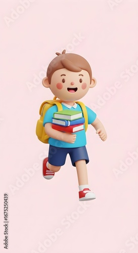3D Happy cartoon boy running to school with books.