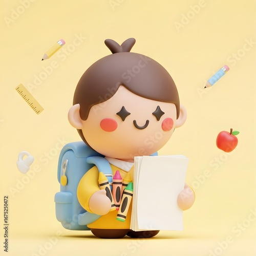 3D Happy School Student with Backpack and Books.